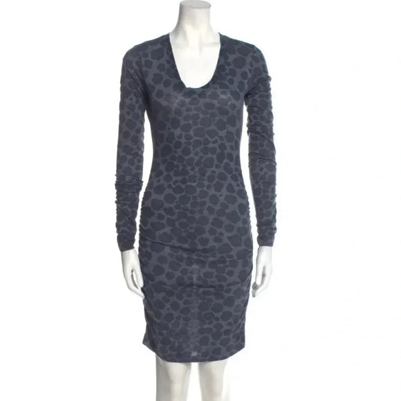 Rebecca Taylor Blue Animal Print Ruched Long Sleeve Knit Dress - Picture 2 of 8